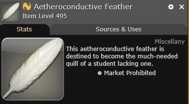 Ffxiv aetheroconductive feather - Requirements. 1. Eternity Ring Material. Node Level/Type: 85 Gathering Level: 85 Perception Bonus: Labyrinthos The Medial Circuit (Area) - Lower Acrinthos (23.0-11.7) The Culture of Love RARE. 2. High Durium Sand. Node Level/Type: 85 Gathering Level: 81 Perception Bonus: